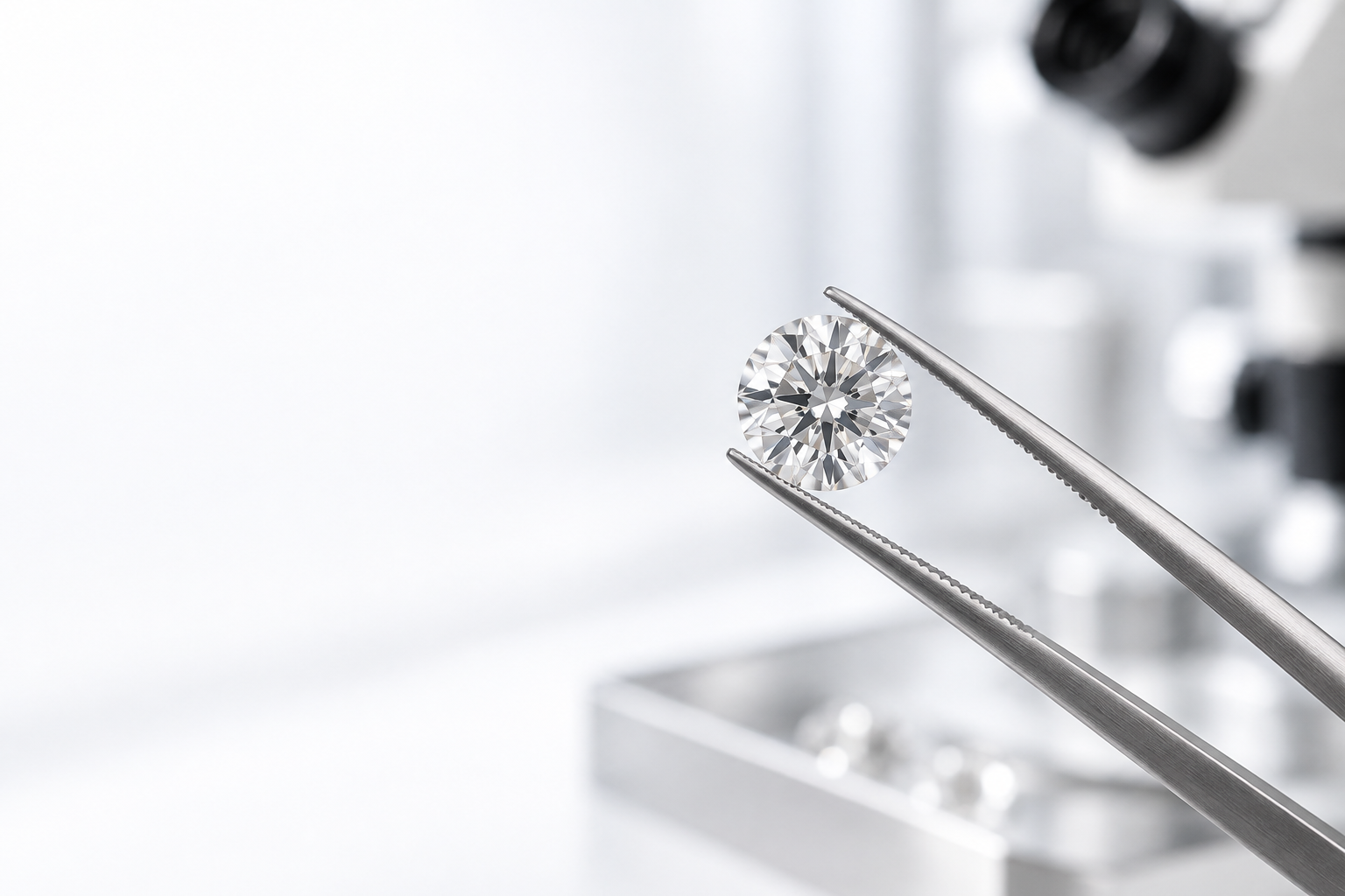 Brilliant diamond held with laboratory tweezers